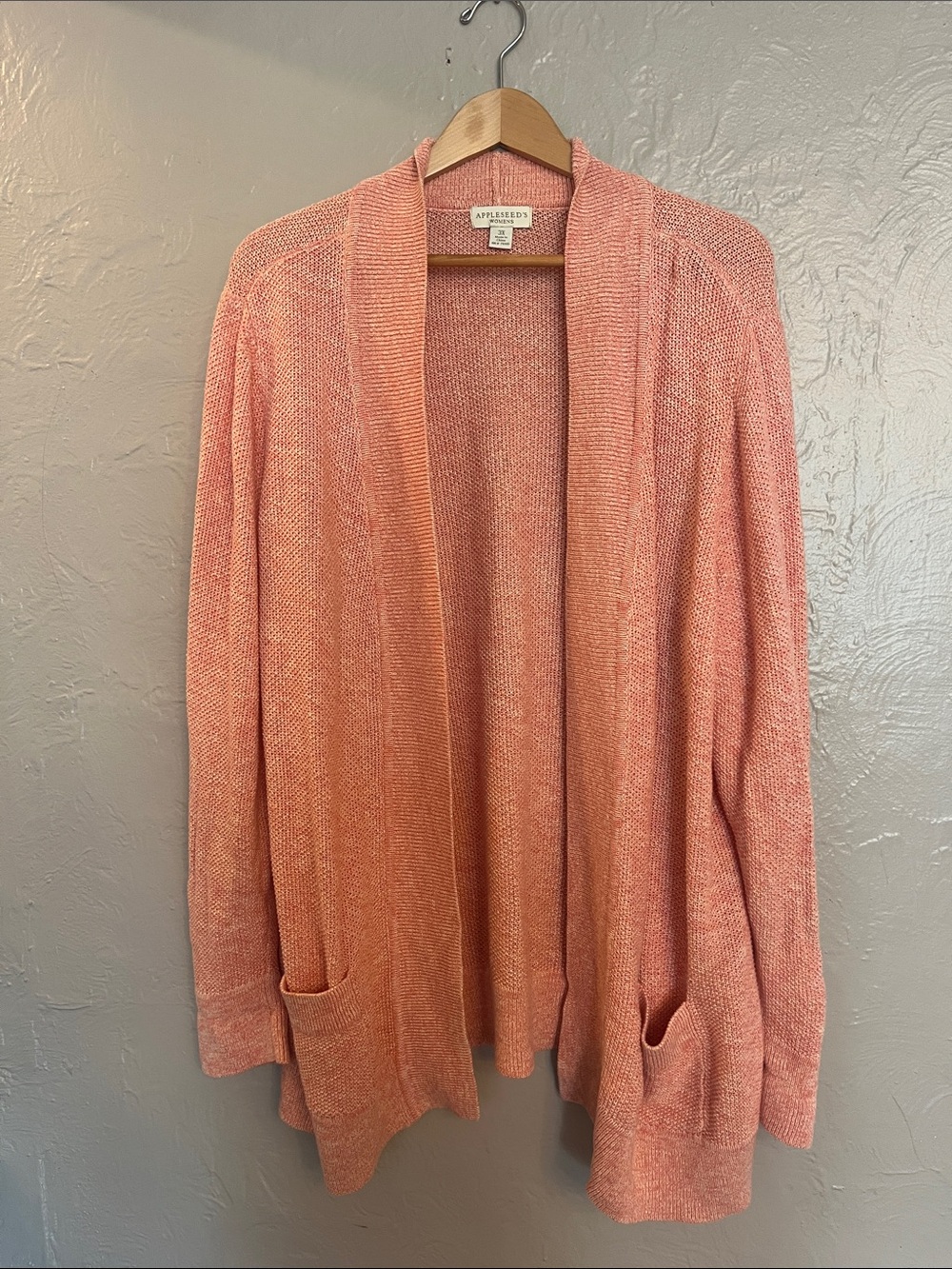 Appleseed’s Open-Front Linen Cotton Blend Coral Cardigan 3x
